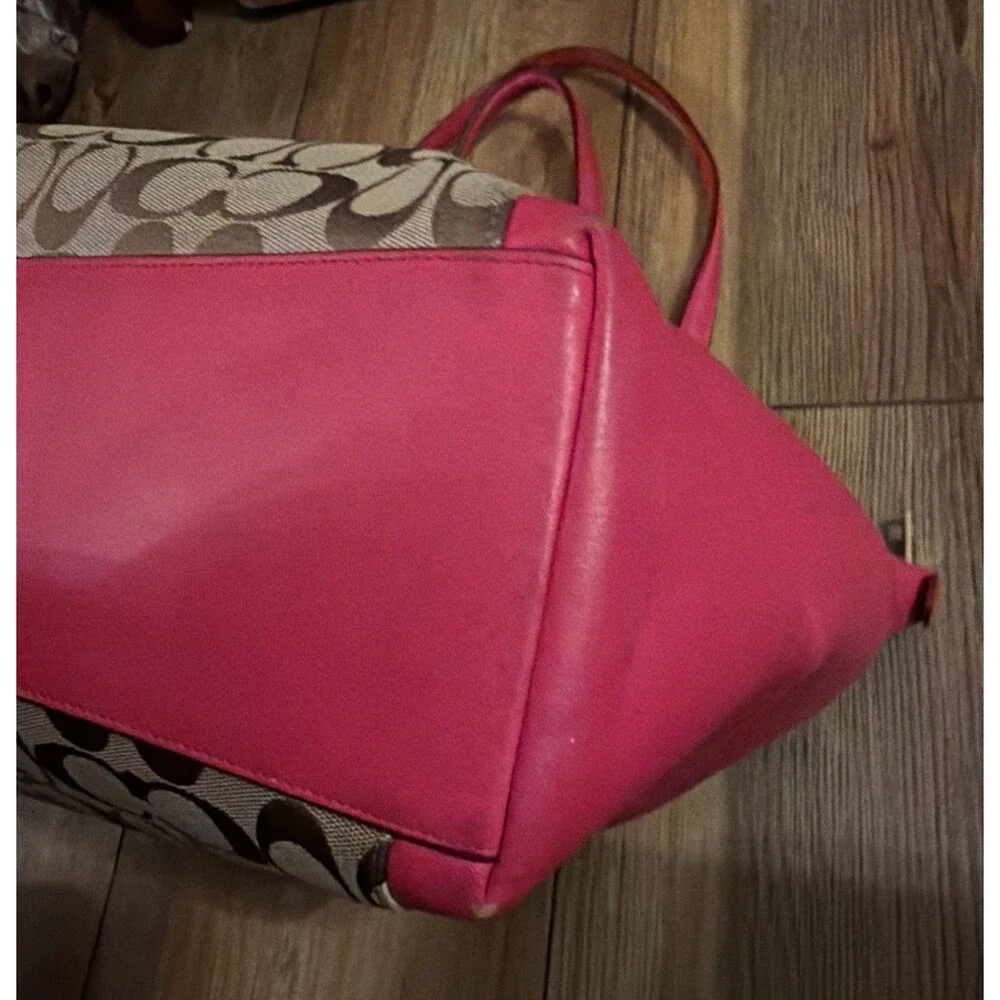 Coach Ava F37231 Signature Khaki Tote/ Pink Leather. Very Good Pre owned Cond!
